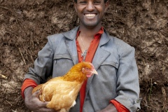 Antigegn Wunetu 30 and his wife, Mekle Wunete 27 with son (photographed with chickens) Adisu 7 and baby Simegn 1 yr 9months, beneficiaries of The Debre Yacob Watershed Learning Restoration Project in Bahir Dar, Ethiopia.

Antigen says,
“ I have just bought 24 chickens.
Before they started the project 8 years ago there was nothing growing here. Since they supported the community I can now grow vegetables, fruits, and chickens. We are benefiting so much, we can eat our produce and sell the leftovers, I get benefit from avocado, hops, mangos, hops, we didn’t know avocado before they brought it here. We used to have a small grass covered hut, now we have a big house. All my expenses are now covered.
Before I was thinking we would have to move because there was nothing here, now there is everything.
Have 4 children, and they are all involved in the farming. They love it. When they are not in school. They each have their jobs to help with on the farm and we are all enjoying being involved as a family.
I am so happy when I am doing the farming, but when I see the beauty of this now green area it makes me even happier.”